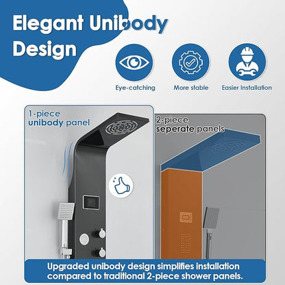 ROVOGO Unibody Shower Panel Tower with 4 Modes (Rainfall Shower, Body Jets, Handheld and Tub Spout), No Battery Needed Led Lights and Temp Display, 304 Stainless Steel Shower Column, Black