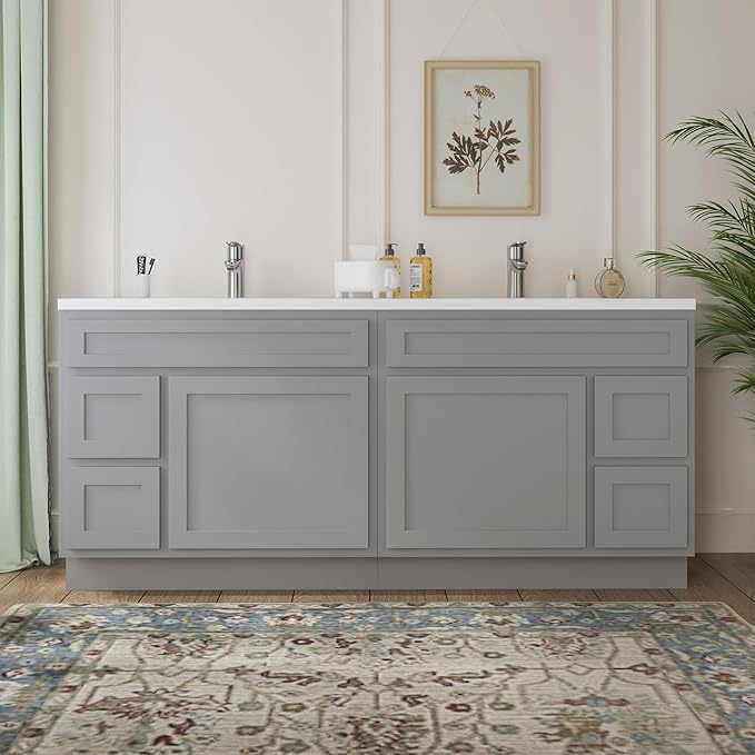 Vanity Art 72 Inch Bathroom Vanity with 2-Door 4-Drawer, Wood Bathroom Vanity Cabinet with Soft Closing Drawer, Floor Mounted Gray Cabinet Without Top VA4072-LRG