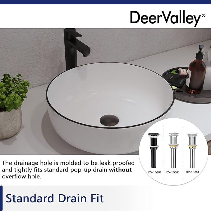 DeerValley 16'' Round Vessel Sink, Bathroom Sinks Above Counter White Ceramic Bathroom Vessel Sinks, Porcelain Sink Bowl for Bathroom, White Body with Black Trim Vanity Sink Basin DV-1V0030
