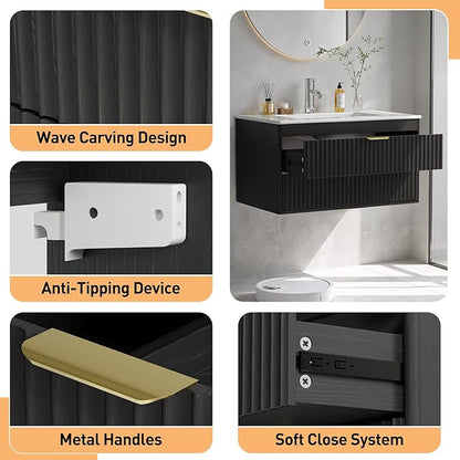 30 Inch Floating Bathroom Vanity with Sink, Bathroom Wall Cabinet with 2 Fluted Drawers & Metal Handle, Wall Mounted Cabinet for Bathrooms (Black, 30 inch, with Sink)