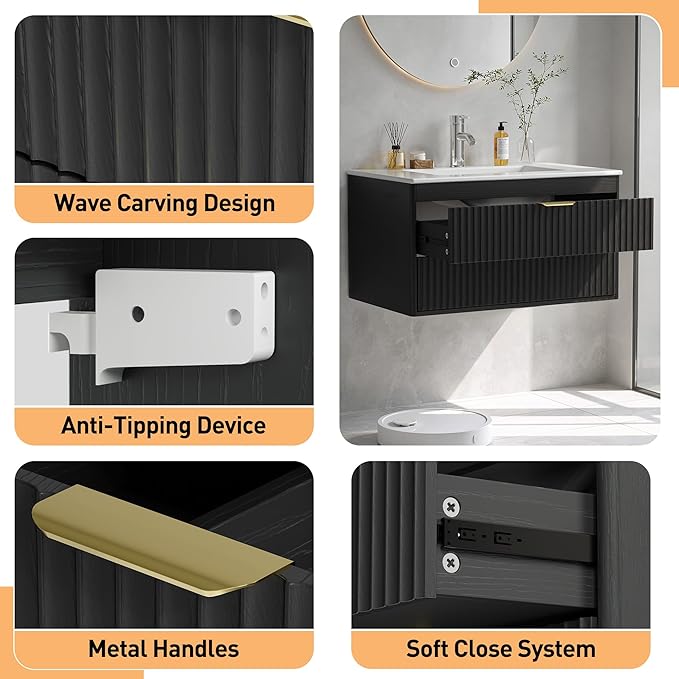 30 Inch Floating Bathroom Vanity Without Sink, Bathroom Wall Cabinet with 2 Fluted Drawers & Metal Handle, Wall Mounted Cabinet for Bathrooms (Black, 30 inch, Without Sink)