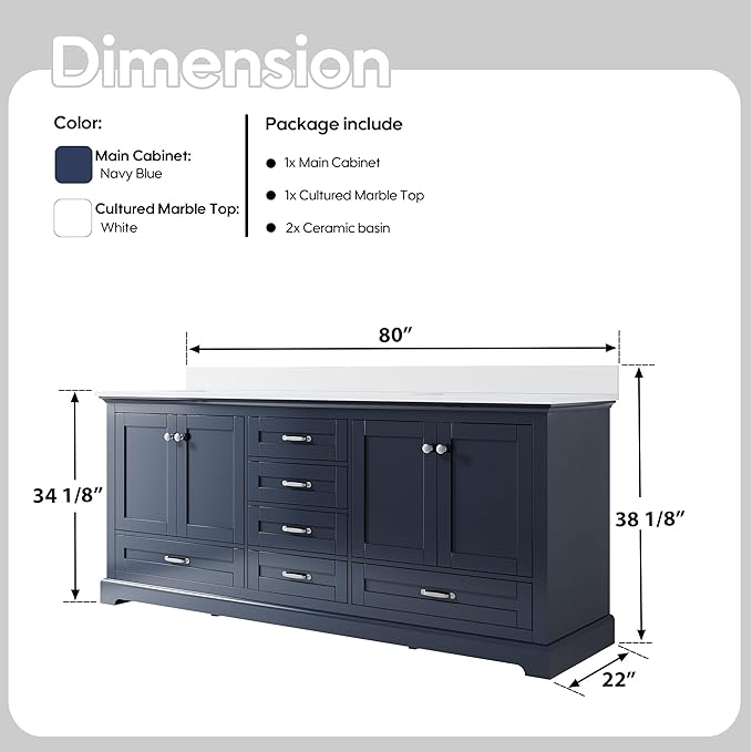 WELLFOR 80" Bathroom Vanity with Double Sinks, Bathroom Freestanding Vanity W/4 Soft-Close Doors and 6 Drawers, Large Storage Space Vanity, Cultured Marble Countertop (Navy Blue)