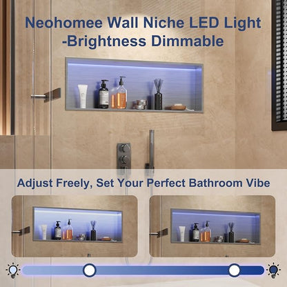 36X12 RGB Shower Niche, Brushed Nickel Stainless Steel LED Wall Niche, No Tile Needed Wall Cabinet for Bathroom Storage, 3000K Warm Light