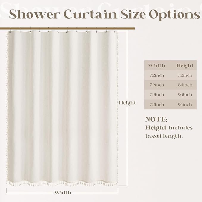 Cream Linen Shower Curtain with Tassels Water Repellent 72x96 Inch | Modern Elegant Bohemian Country Minimalist Style, Bathroom Decor Shower Curtains, Ivory Natural, Fabric Drapes, with Hooks