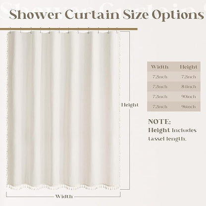 Cream Linen Shower Curtain with Tassels Water Repellent 72x96 Inch | Modern Elegant Bohemian Country Minimalist Style, Bathroom Decor Shower Curtains, Ivory Natural, Fabric Drapes, with Hooks