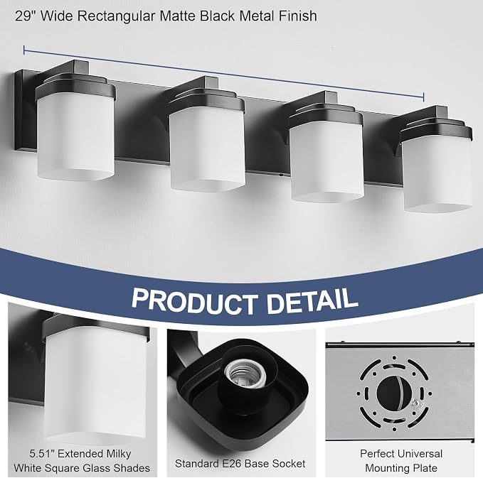 Bathroom Vanity Lights, Modern Bathroom Light Fixtures Over Mirror | 4-light black light fixture bathroom with milky white square glass shade, 29" farmhouse lighting fixtures lights for wall