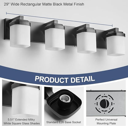 Bathroom Vanity Lights, Modern Bathroom Light Fixtures Over Mirror | 4-light black light fixture bathroom with milky white square glass shade, 29" farmhouse lighting fixtures lights for wall