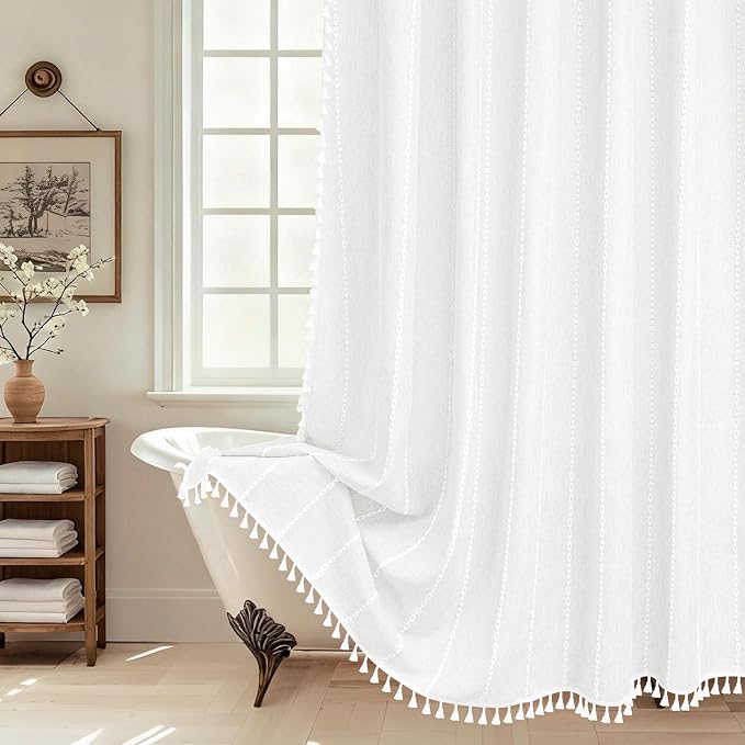 Seenus 72 x 84 inch Extra Long Boho Farmhouse Shower Curtain with Tassels, White Linen Textured Soft Fabric Shower Curtain Heavyweight, Elegant French Country Striped Bathroom Curtain Water Repellent