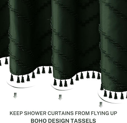 Siiluminisoy Boho Extra Long Dark Green Shower Curtain with Tassel, Woven Fabric Shower Curtain, Tufted Chevron Striped, 72 x 78, Modern Chic Textured Minimalist Bathroom Shower Curtains