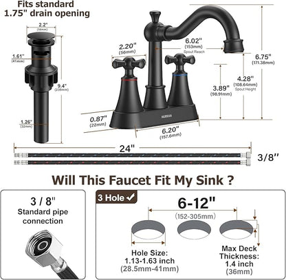 Hurran 4-inch Centerset Matte Black Classical Bathroom Faucet, 2 Handles for 2 or 3 Hole Sink with 360° Swivel Spout, Pop Up Drain Assembly and Supply Hose for Vanity Sink Lavatory Faucet