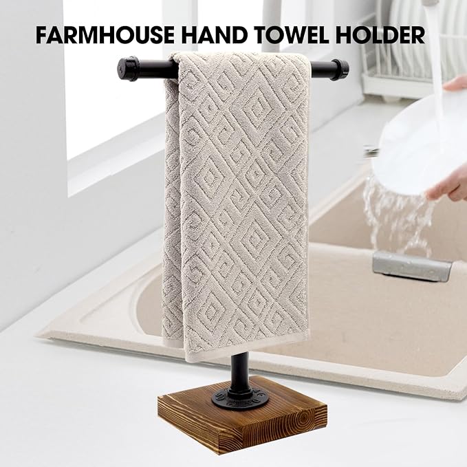 Hand Towel Holder, T-Shape Height 15'' Black Hand Towel Holder Stand, Free Standing Hand Towel Stand for Bathroom Countertop
