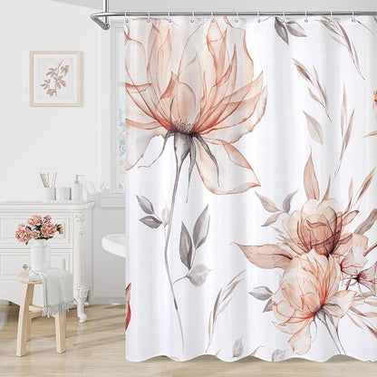 Litabel Long Boho Watercolor Floral Shower Curtain 72 x 78, Orange and Grey Ink Painting Style Flower Shower Curtains for Chic Elegant Bathroom, Artistic 78 Inch Long Fabric Shower Curtain
