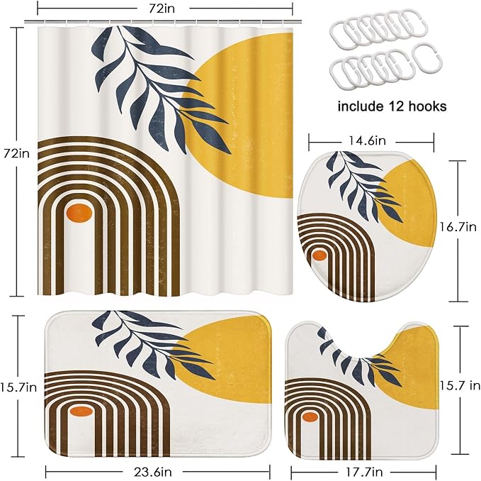 Bathroom Sets with Shower Curtain and Rugs, 4 Pcs, Boho Midcentury | Sun Minimalist Abstract Bathroom Decor Set with Toilet Lid Cover, Non-Slip Bath Mats and Accessories 12 Hooks