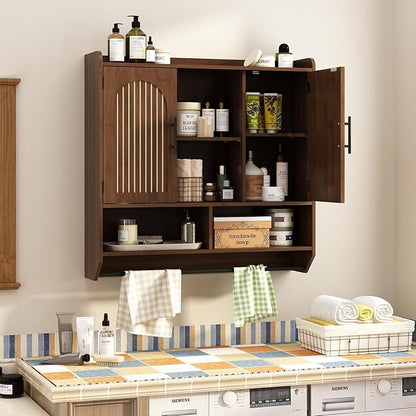 RUSTOWN Fluted Bathroom Wall Cabinet, Mid-Century Modern Medicine Cabinet with Adjustable Shelves & Towel Bar,3-Tier Wall Mounted Cabinets, Over The Toilet Storage Cabinets for Bathroom, Dark Walnut