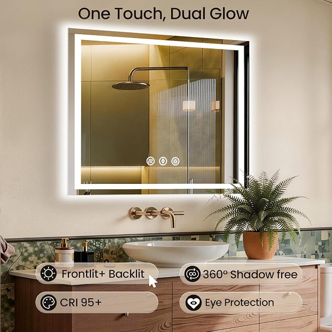 48x48 LED Bathroom Mirror with Anti-Fog, Backlit & Front Lit, Memory | Stepless Dimmable 3 Color CRI 95+ Shatterproof Tempered Glass ETL Listed for Safety Lighted Bathroom Vanity Mirror for Wall