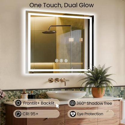 48x48 LED Bathroom Mirror with Anti-Fog, Backlit & Front Lit, Memory | Stepless Dimmable 3 Color CRI 95+ Shatterproof Tempered Glass ETL Listed for Safety Lighted Bathroom Vanity Mirror for Wall