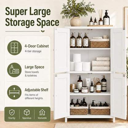 Nuturelly Bathroom Floor Storage Cabinet, 4 Doors, Anti-Tip, White | 23.7"D x 11.9"W x 42.6"H, Adjustable Shelves, Shaker style, 5-position Shelves, Anti-tip Kit, Rounded Corners, Easy Assembly