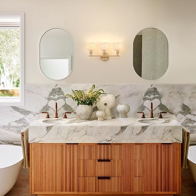 Bathroom Light Fixtures, 3-Light Brass Vanity wall Light Over Mirror with White Tulip Glass Shade for Bedroom Living Room (Bulb Not Included)