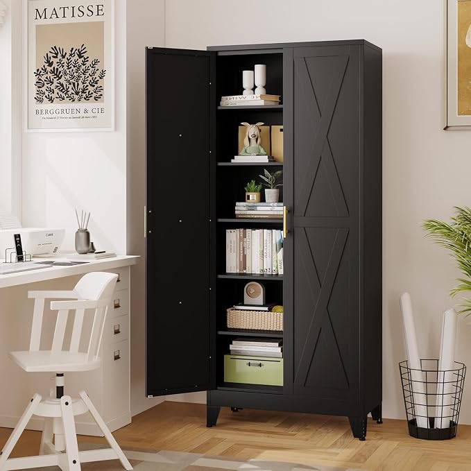 75" Metal Storage Cabinet with 2 Doors and 5 Adjustable Shelves,Black Farmhouse Kitchen Pantry Cabinet,Steel Garage Tool Cabinet,File Cabinetfor Home,Office,Dinning Living Room,Warehouse