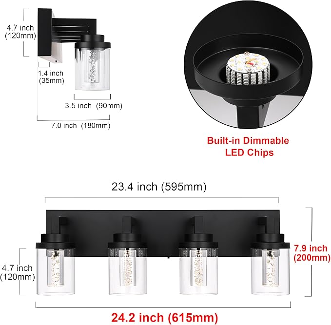 MELUCEE 4-Light Dimmable Black Vanity Lights for Bathroom 3000K-6000K | 5 Color Temperature Bubble Crystal LED Bathroom Lighting Fixtures Over Mirror,LED Wall Sconce with Clear Glass Shade