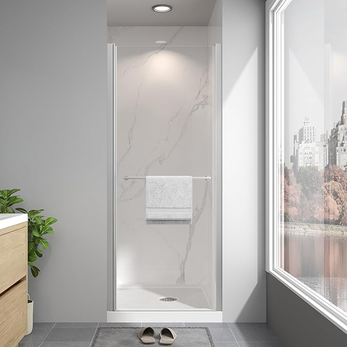 24"-26" W x 72" H Frameless Pivot Shower Door Brushed Nickel | 1/4"(6mm) SGCC Tempered Glass with Explosion-Proof Film &Nano Coating,Customizable Width
