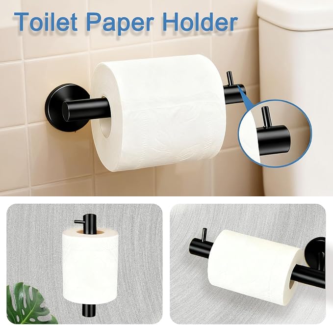 Upgraded Thickened 5-Piece Matte Black Bathroom Hardware Set, 23.6 Inch SUS304 Stainless Steel Towel Bar, Toilet Paper Holder, Modern Black Bathroom Accessories Kit (5 Pack, Black)