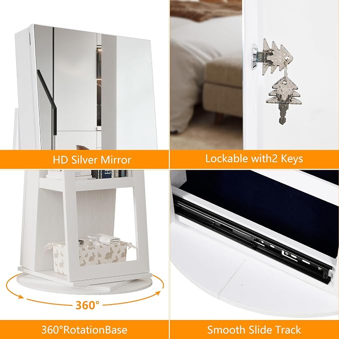360° Swivel Jewelry Mirror Cabinet with Lights, Standing Jewelry Armoire Organizer, 63" Rotatable Full-Length Mirror with Jewelry Storage, Lockable with Back Storage Shelve, White | 360° Swivel Mirror with Storage, Lockable Jewelry Armoire Organizer wi...
