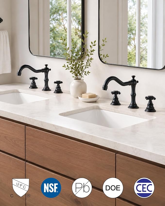 gotonovo 3 Hole 8’’ Widespread Bathroom Sink Faucet Oil Rubbed Bronze | Vintage Bathroom Faucet,2 Cross Handle,6-16’’ Sink,Vanity,Basin,RV,Farmhouse,SUS304,24’’ cUPC Hose Pop Up Drain,Deck Mount
