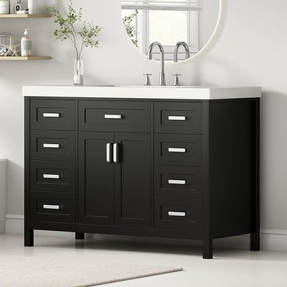 48" Bathroom Vanity with Sink, Soft Closing Doors and Drawers, Solid Wood and MDF Bathroom Sink Cabinet with Storage, Freestanding (Black)