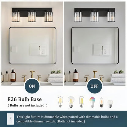 3-Light Modern Bathroom Light Fixtures, Black Vanity Light Over Mirror | Bathroom Vanity Wall Light with Square Crystal Shades, Vanity Lights for for Mirror, Bathroom, Restroom, E26 Socket, ETL