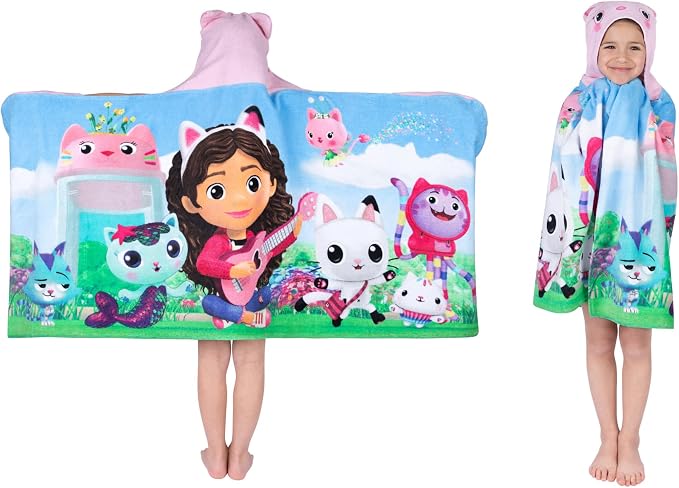 DreamWorks Gabby's Dollhouse Bath/Pool/Beach Soft Cotton Terry Hooded Towel Wrap, 24 in x 50 in, By Franco Kids