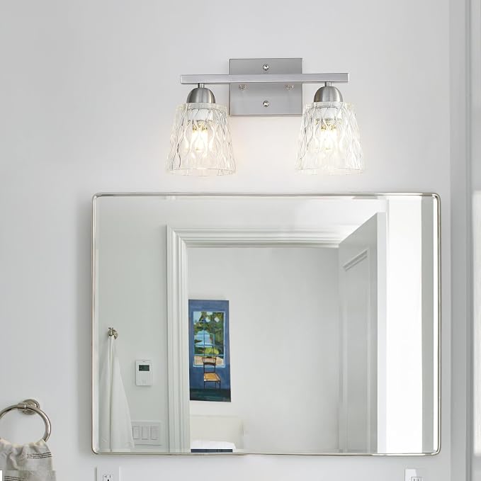 Mecgirn Stainless Steel Bathroom Vanity Light Over Mirror, 2 Light Brushed Nickel Bathroom Light Fixtures with Textured Glass Shades, Modern Vanity Lighting Wall Mount