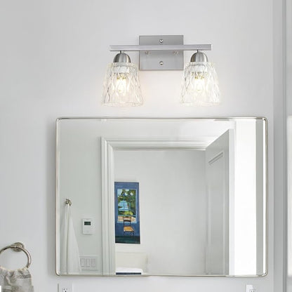 Mecgirn Stainless Steel Bathroom Vanity Light Over Mirror, 2 Light Brushed Nickel Bathroom Light Fixtures with Textured Glass Shades, Modern Vanity Lighting Wall Mount