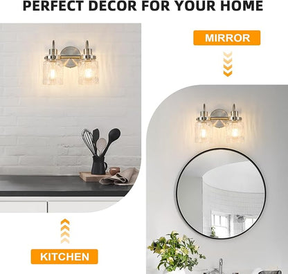 2 Lights Bathroom Vanity Light, Brushed Nickel Bathroom Light Fixtures with Hammered Glass Lampshade for Dressing Table,Over Mirror,Hallway