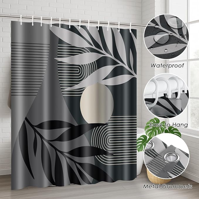 Bathroom Set with Shower Curtain and Rug 4 Pcs Mid Century Abstract | Modern Boho Leaves Bathroom Decor Set with Toilet Lid Cover, Non-Slip Bath Mats and Accessories 12 Hooks