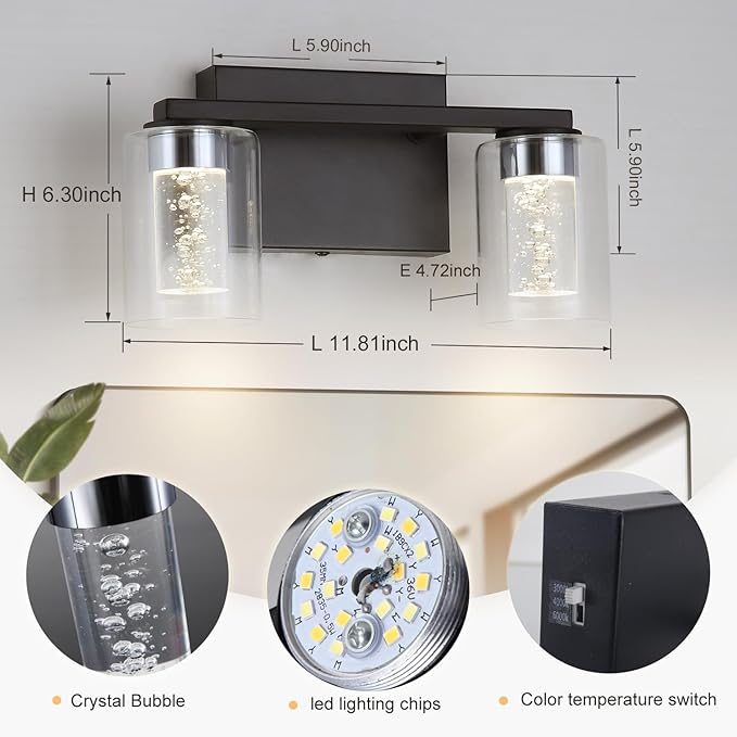2-Light Bathroom Light Fixtures, Black Modern Vanity Lights with Clear Glass Shade, LED Bathroom Wall Lighting with Crystal Bubble for Mirror Hallway Cabinet Porch