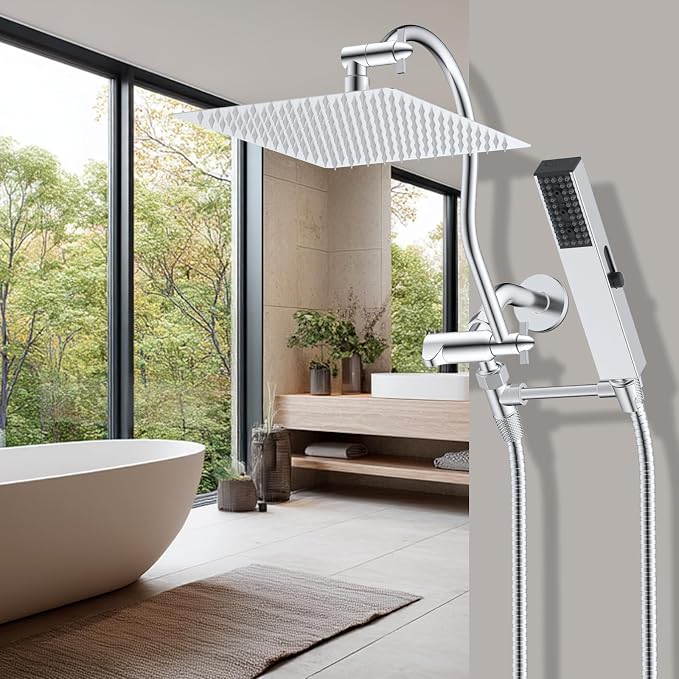 Hibbent All Metal cUPC Certified Shower Head, 12'' High Pressure Rainfall Shower Head, Showerhead Combo, Handheld Shower Wand, 12'' Adjustable Extension Arm, 4-Spray, 71'' Hose, Shower Holder, Chrome