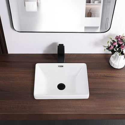 Small Bathroom Vessel Sink 16.7'' x 12.6'' Semi Recessed Bathroom Sink Rectangular Drop-in Vanity Sink with Overflow White Ceramic Modern Art Basin