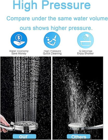 High Pressure Shower Head with Magnetic Back Fixed Base Design,Handheld Showerhead with Hose Set Stainless Steel 59 inches/5 ft 10-Setting 5 inches Large Face,Chrome Finish (Silver)