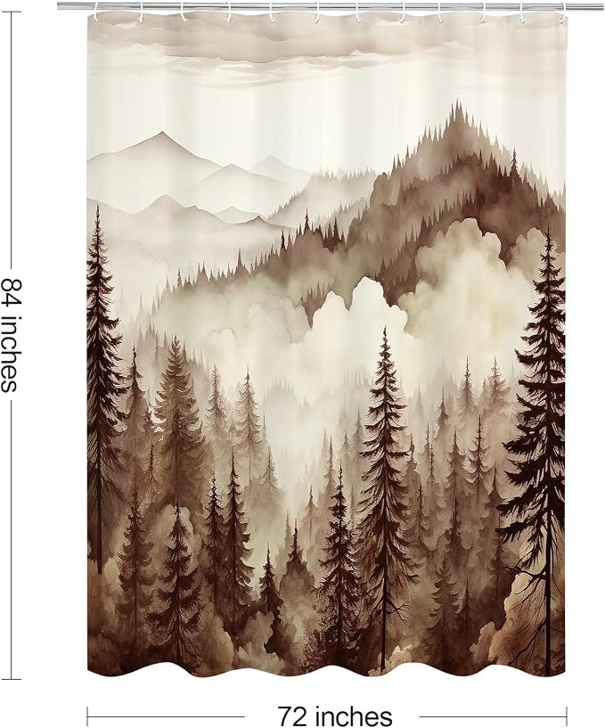 Litabel Brown Extra Long Misty Pine Forest Shower Curtain 72 x 84, XL Tan Mountain Foggy Woodland Scenery Tree Shower Curtains for Bathroom, Abstract Waterproof Nature-Themed Decor