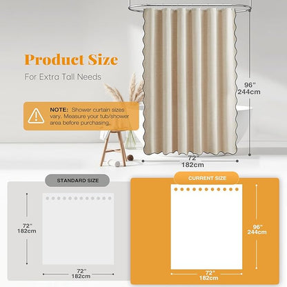 BTTN Extra Long Boho Shower Curtain - 96 Inch Long Scalloped Linen Textured Thick Fabric Shower Curtain Set with 12 Hooks, Large Elegant Aesthetic Waterproof Shower Curtains for Bathroom - Beige/Cream