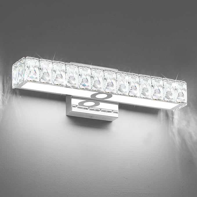 SOLFART Crystal Bathroom Vanity Lights Over Mirror, Chrome Bathroom Light Fixture, 16.5 Inch LED Lights for Bathrooms Vanity Lights for Bath Chrome