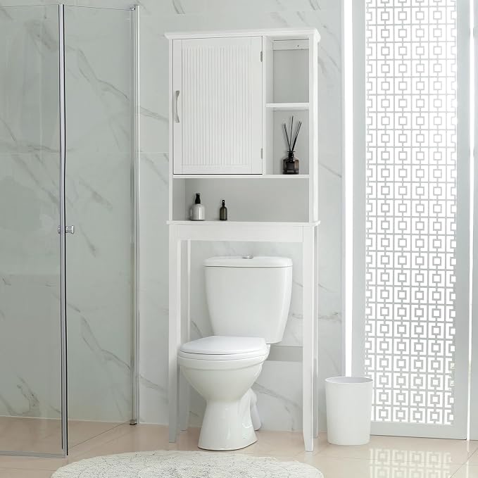 Teamson Home Newport Contemporary Wooden Over-The-Toilet Storage Bathroom Etagere Cabinet with Shelves, White | Contemporary, Wooden, With Shelves