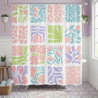 JAWO Blue Cute Boho Floral Shower Curtain, Colorful Abstract Floral Retro Aesthetic Shower Curtain for Bathroom, Funky Unique Waterproof Fabric Polyester Bath Curtains Decor with Hooks,36WX72H