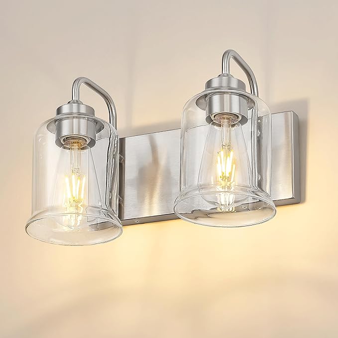 zeyu 12.5 Inch Modern Bathroom Vanity Light Fixtures, 2-Light Wall Mirror Light for Bathroom, Brushed Nickel Wall Sconces with Clear Glass Shade, ZSL72B-2W BN