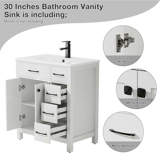 LUCKWIND 30" Modern Bathroom Vanity with Sink, Painted Storage Cabinet with Undermounted Sink, Two Doors and Three Drawers, Include Faucet Without Mirror, White