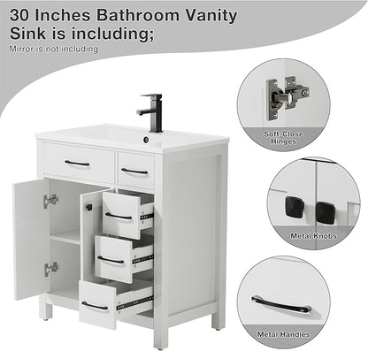 LUCKWIND 30" Modern Bathroom Vanity with Sink, Painted Storage Cabinet with Undermounted Sink, Two Doors and Three Drawers, Include Faucet Without Mirror, White