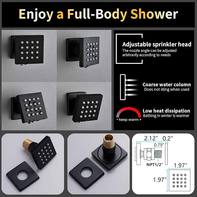 AYIVG Thermostatic Shower System with 6PCS Body Jets Matte Black Temperature Displa Shower Faucet Set Ceiling Shower System with Push Button Diverter LED 12 Inch Rain Shower Head with Handheld Spray