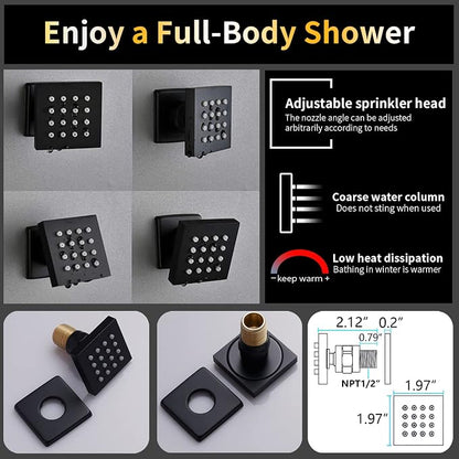 AYIVG Thermostatic Shower System with 6PCS Body Jets Matte Black Temperature Displa Shower Faucet Set Ceiling Shower System with Push Button Diverter LED 12 Inch Rain Shower Head with Handheld Spray