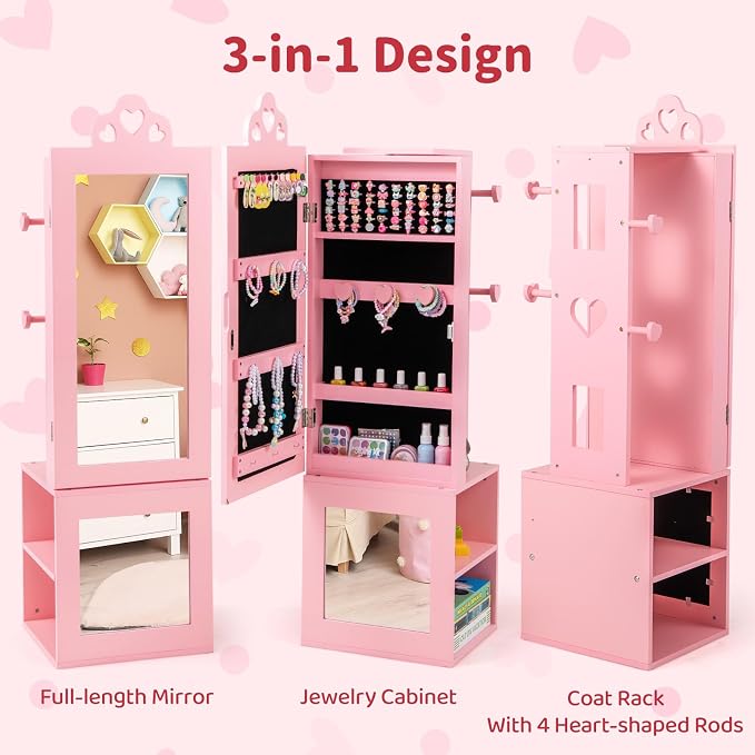 CHARMAID Kids Jewelry Cabinet Armoire, 47" Full Length Mirror, Coat Rack, Back Storage Shelves, Standing Vanity Dressing Mirror for Girls, Kids Jewelry Organizer (Pink)